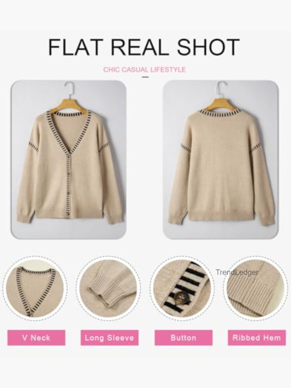 Oversized Cardigan Sweaters Casual Coats Long Sleeve Button Front Stripes Trim - Picture 5 of 7